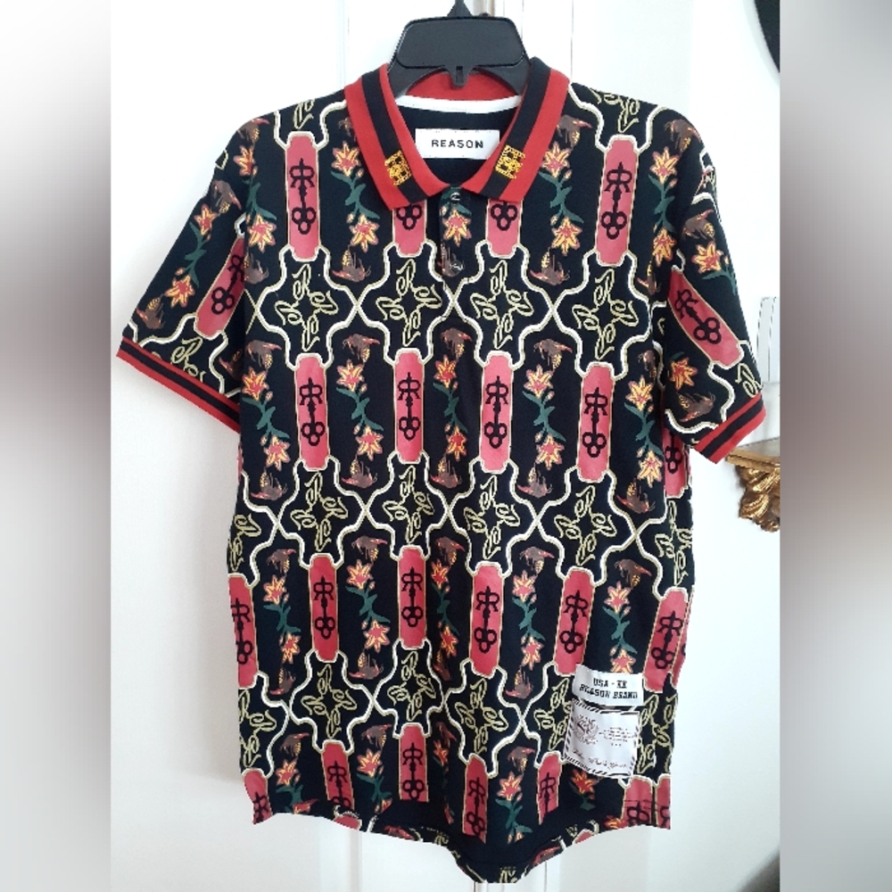 Men's Reason Floral Collared Pullover Polo Shirt Size Medium